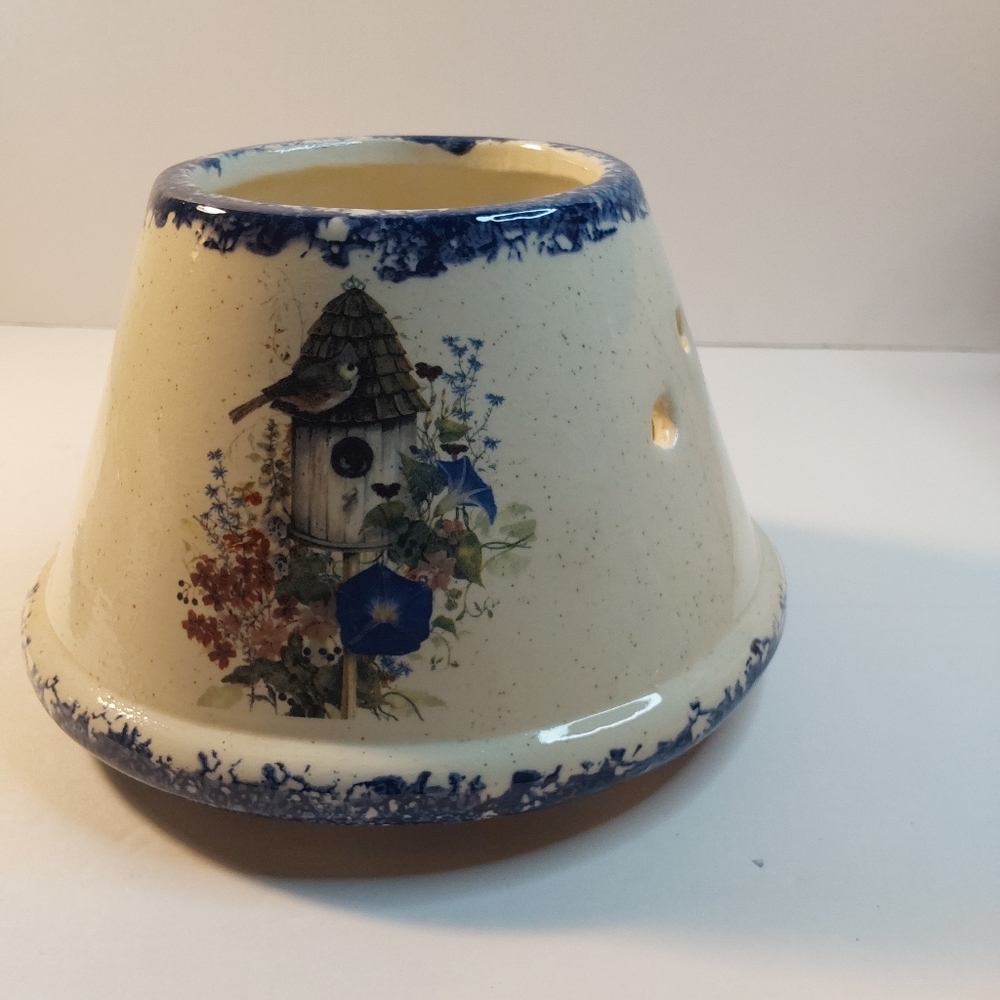 Stoneware Small Jar Candle Shade Bird House Colbert Blue Sponged Trim